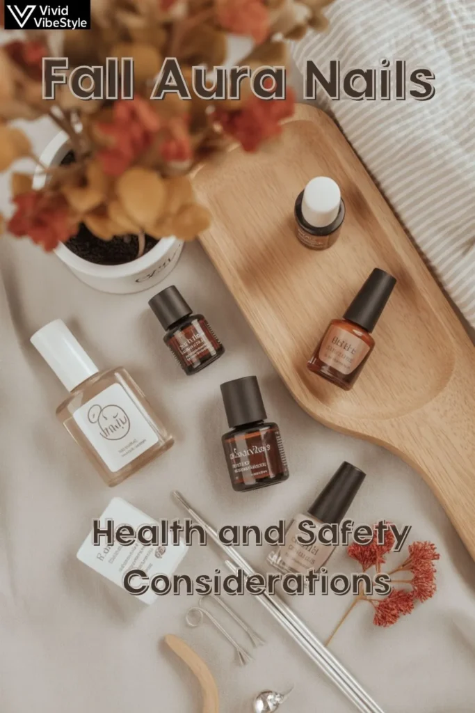 Nail care products including cuticle oil, non-toxic polish, and tools for safe fall aura nail application on a cozy autumn setup