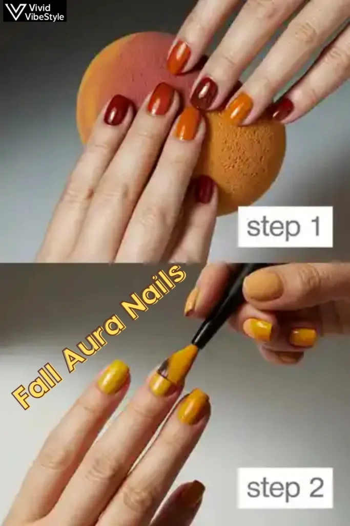 Step-by-step aura nail blending techniques with autumn nail polish colors like burnt orange, burgundy, and gold