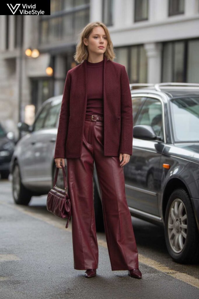 Petite woman in rich monochromatic burgundy fall outfit using flattering color strategy