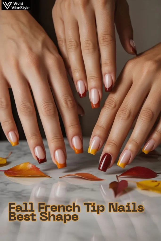Different nail shapes with fall French tip designs in cozy autumn shades like mocha and plum.