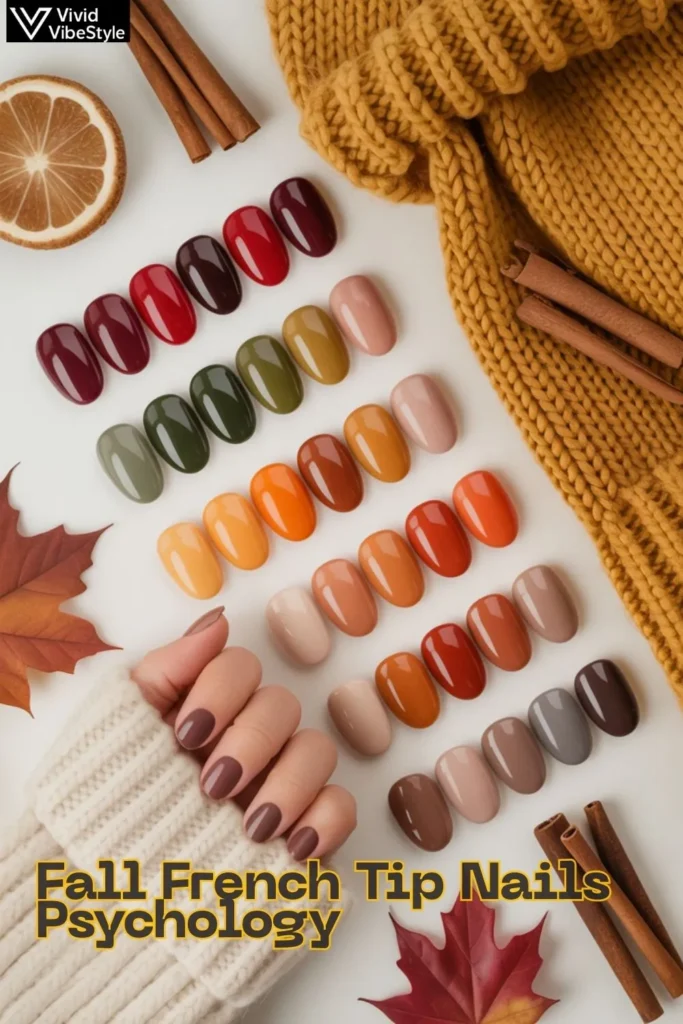 Autumn nail polish swatches showing warm fall colors used in fall French tip nails to evoke seasonal emotions.