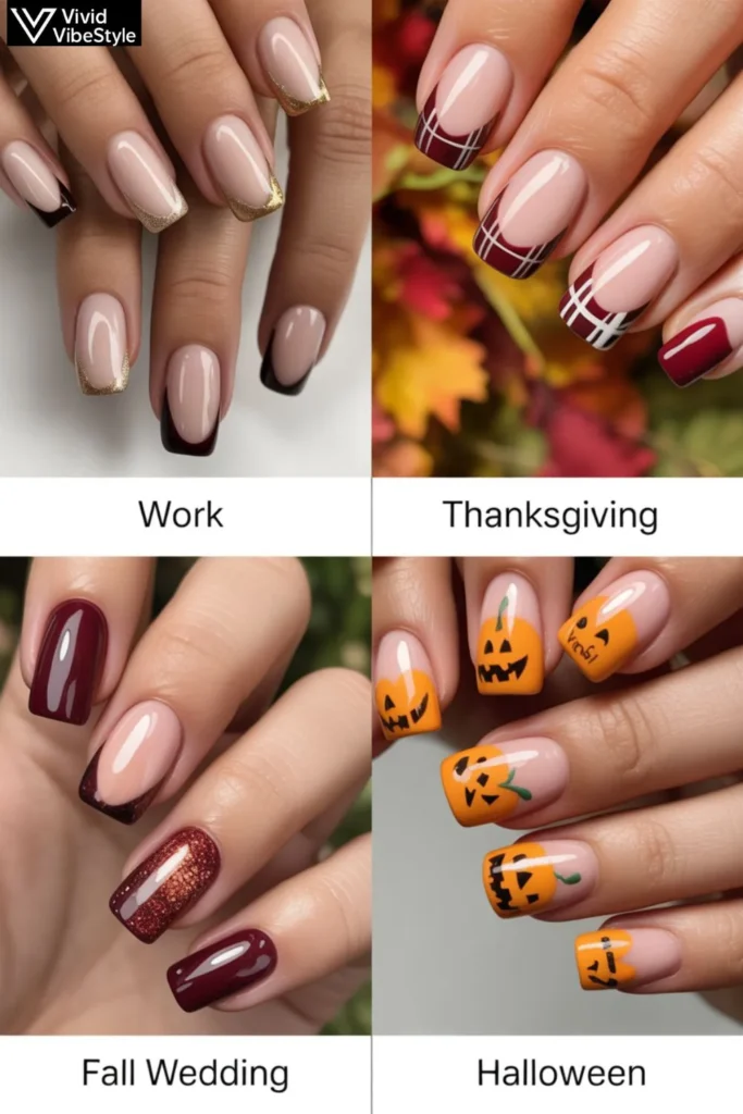 Fall French tip nails designed for different occasions like work, Thanksgiving, weddings, and Halloween.