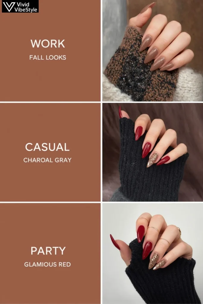 Collage of fall nail trends for different occasions—neutral brown office nails, plaid sweater nails, and metallic party nails