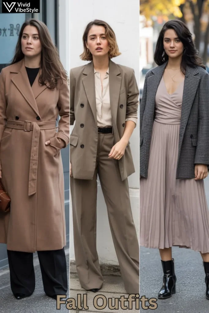 Diverse fall outfits designed for different body types, including a belted coat, tailored blazer, and flowing midi dress, highlighting inclusive and flattering autumn style.