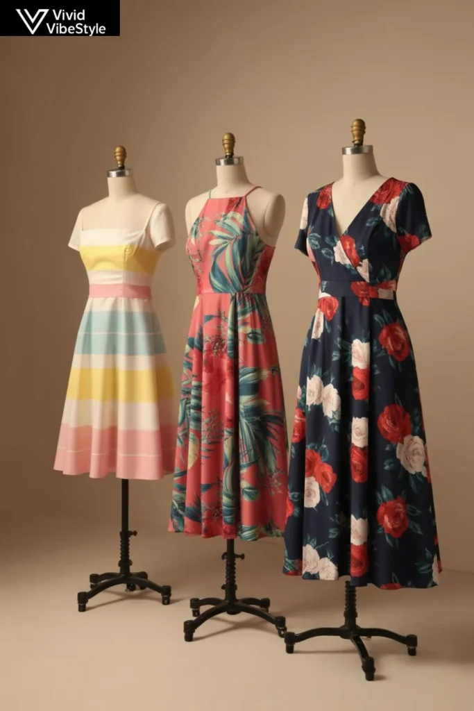 Pastel, vibrant, and classic-tone floral prom dresses displayed together, showcasing diverse color schemes