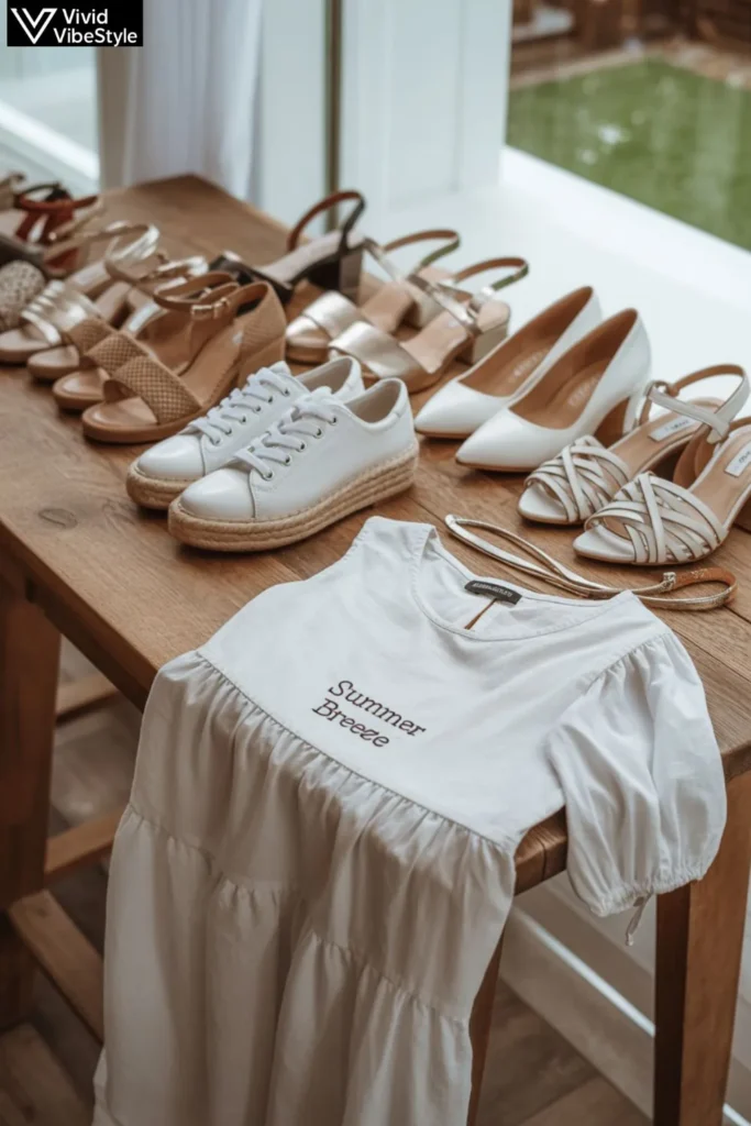 Summer footwear including sandals, wedges, sneakers, and espadrilles styled with white summer dresses.