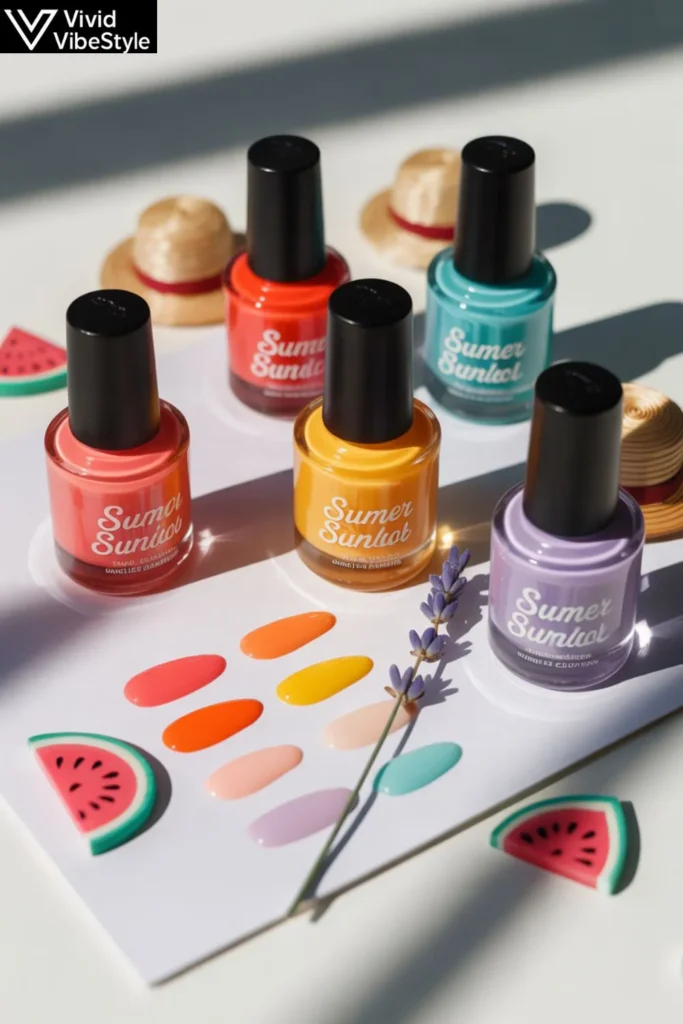 Vibrant summer nail polish colors including coral, turquoise, yellow, and lavender, perfect for fun summer nails.