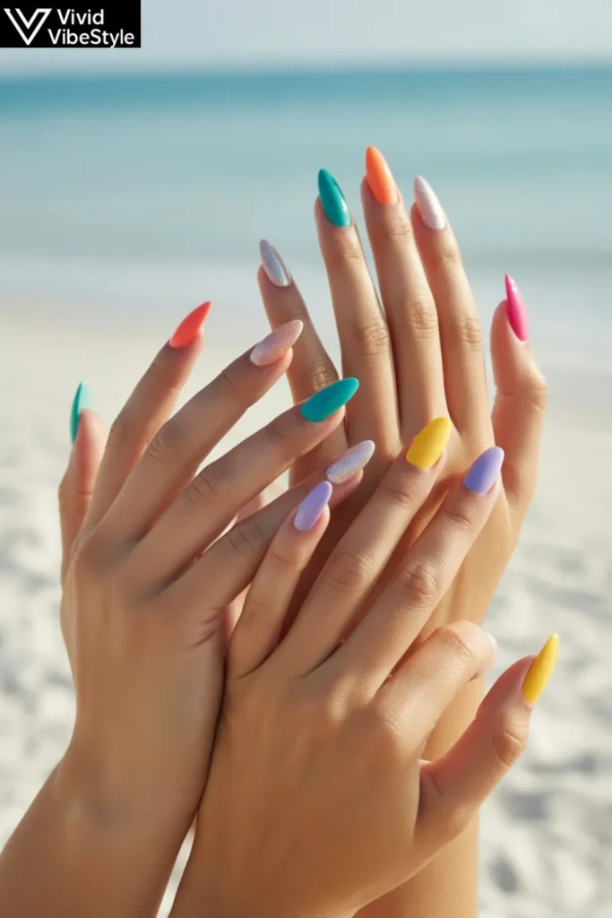 Different summer nail shapes and lengths in bright seasonal colors for fun summer nails.