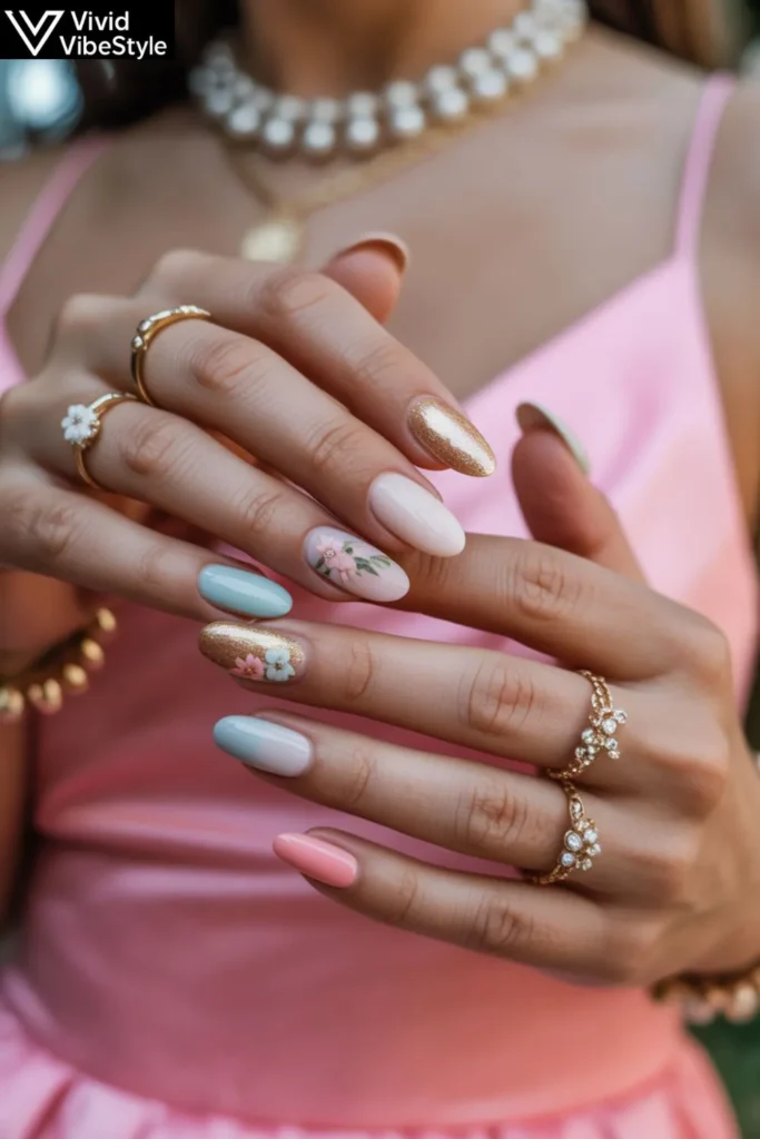 Elegant fun summer nails with floral art, gold foil, and pastel gradients for summer events.