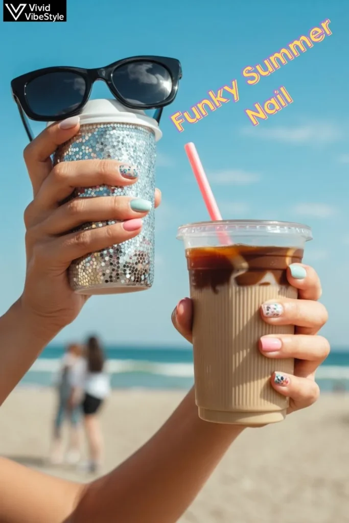 Different lifestyle settings showcasing Funky Summer Nails: beach, festival, and casual summer moments