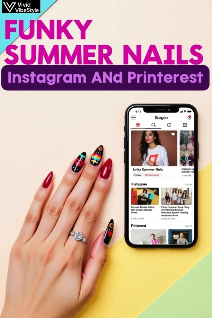 Funky Summer Nails with social media influence, showing TikTok-inspired chrome and emoji nail designs