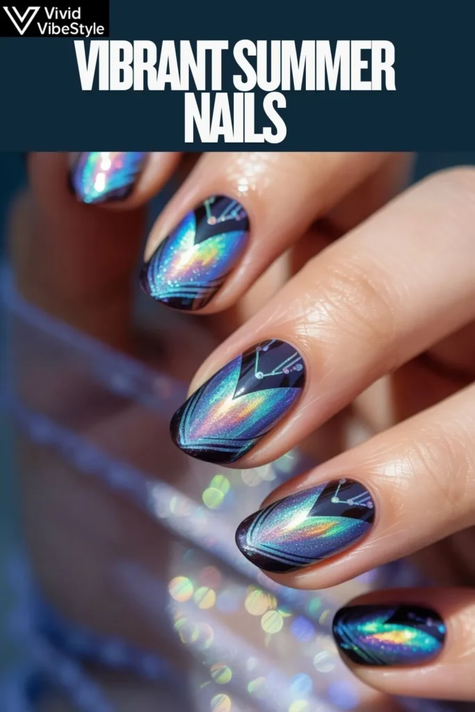 Futuristic vibrant summer nails featuring cat-eye magnetic polish and holographic UV-reactive designs