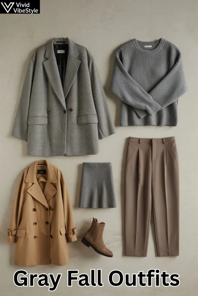 Essential gray fall outfits featuring wardrobe staples like a blazer, sweater, trousers, and boots for autumn 2025.