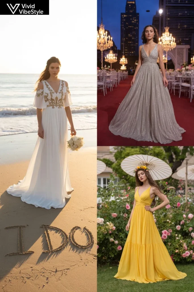 Grecian dresses styled for weddings, evening events, and garden parties showing versatile elegance