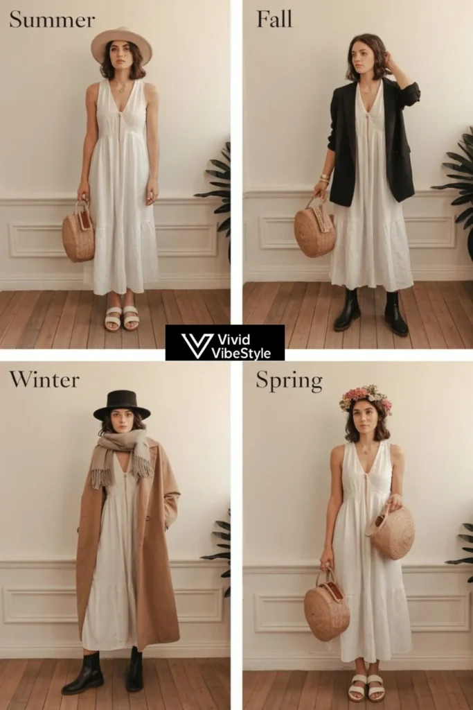 Seasonal Grecian dress styling for summer, fall, winter, and spring with adaptable accessories