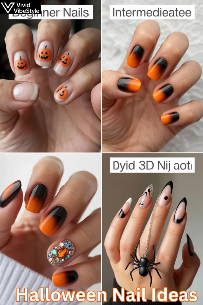 Halloween nail ideas by skill level from simple pumpkin decals to advanced 3D nail art.