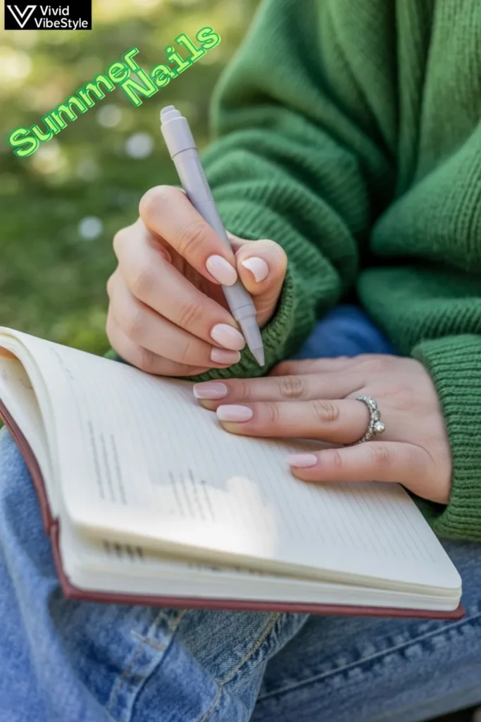 Close-up of beige end of summer nails holding a pen and journal outdoors, showing long-lasting manicure