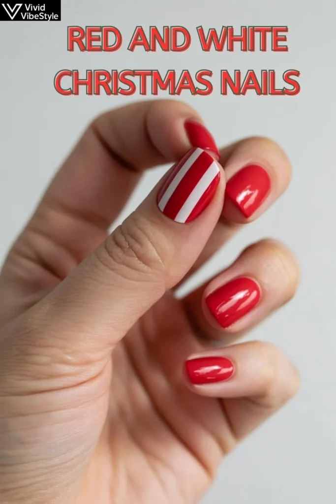 Red and White Christmas Nails: 50+ Classic Holiday Designs Now 4 Step-by-step tutorial showing how to create red and white Christmas nails with striping tape, red polish, and glossy top coat