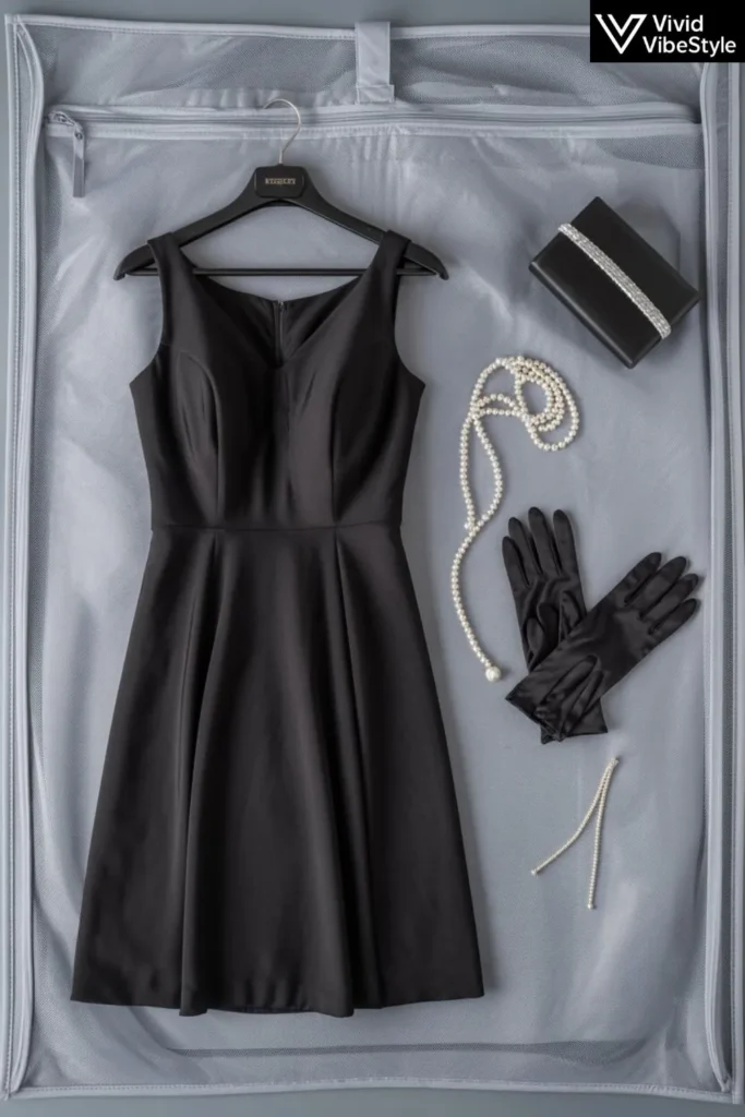 Proper storage of a black evening dress with padded hanger and garment bag to maintain elegance