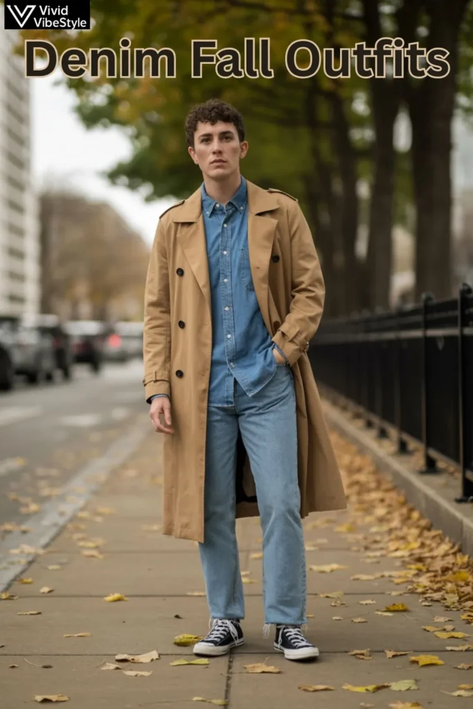 Layered denim fall outfit with denim shirt, trench coat, and jeans for autumn weather.