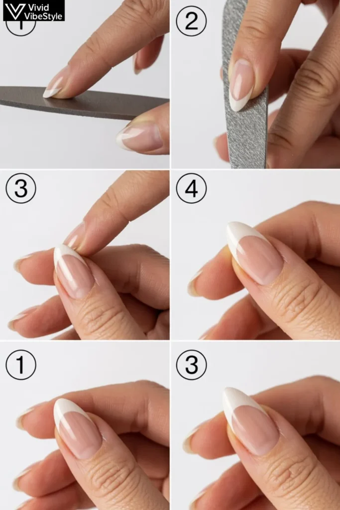 Step-by-step guide showing how to file nails into almond shape, transitioning from square to almond.