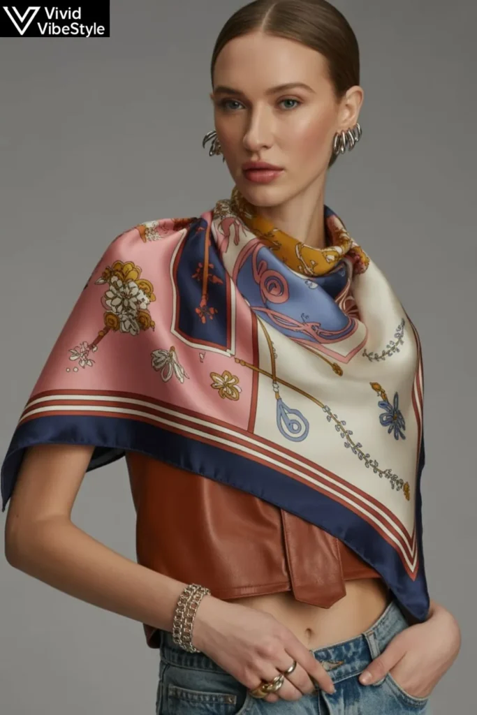 Small silk scarf and twilly styled on handbag, wrist, and layered with jewelry