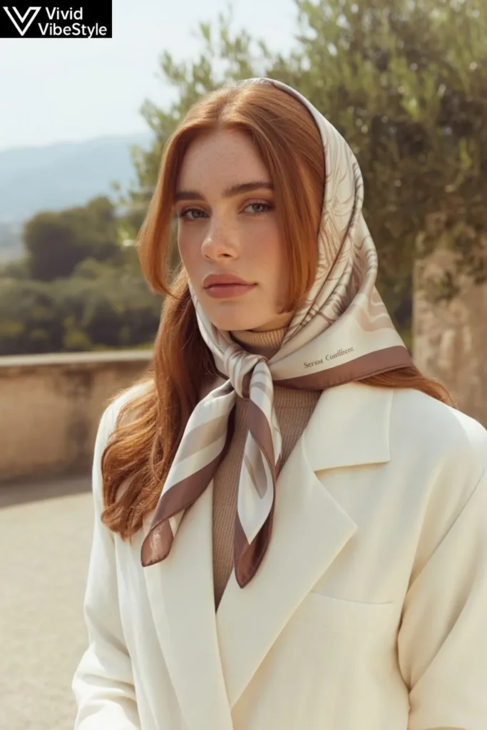 Silk scarf styled in the effortless loop and cravat twist neck techniques