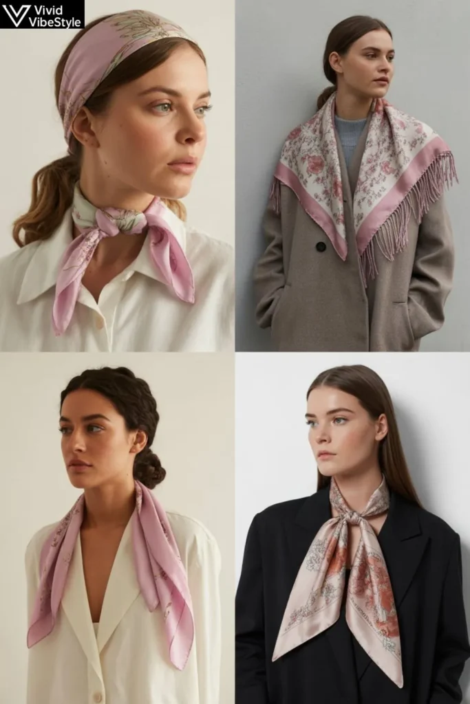 Silk scarf styled for summer, autumn, and winter outfits