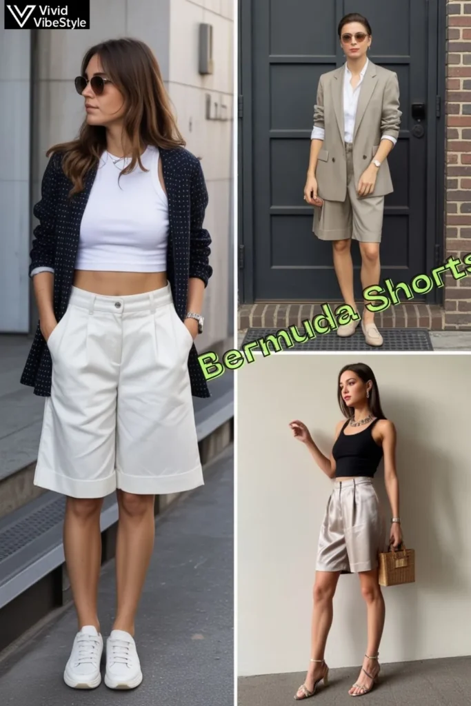 Collage of Bermuda shorts outfits styled for casual weekend, professional office, and elegant evening occasions