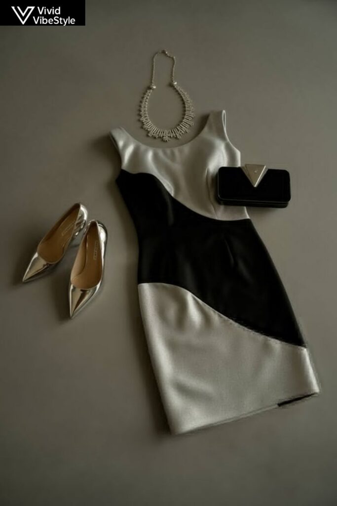 Styling black and silver dresses with silver jewelry, metallic heels, and a black clutch for a cohesive outfit