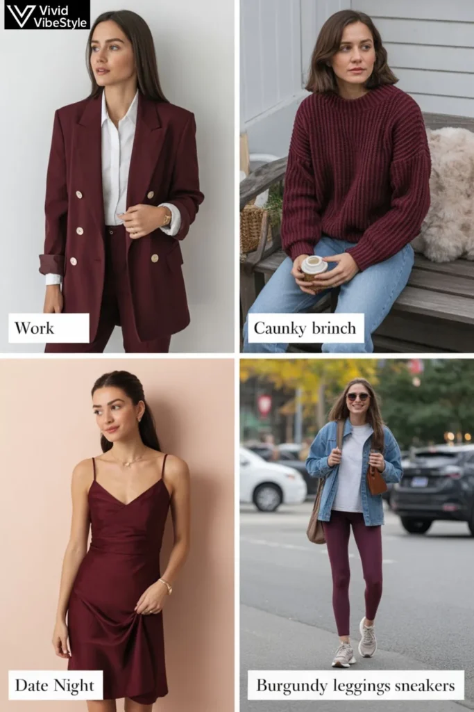 Burgundy fall outfit ideas styled for work, brunch, date night, and casual weekend wear.