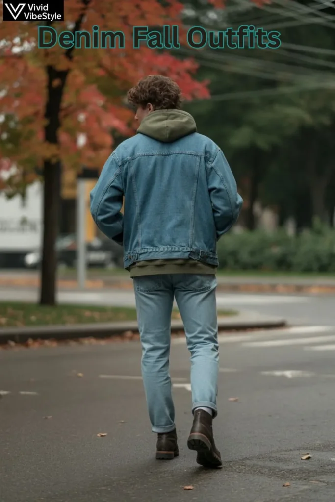 Denim fall outfit with blue denim jacket, hoodie, and jeans styled for autumn.