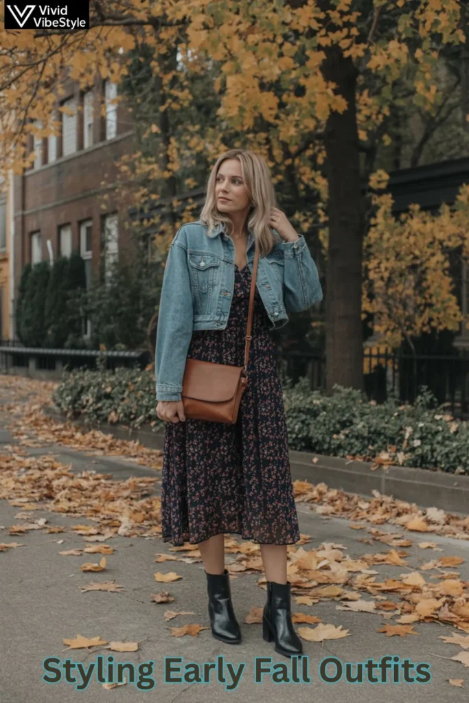 Floral midi dress with denim jacket and boots styled as an early fall outfit.