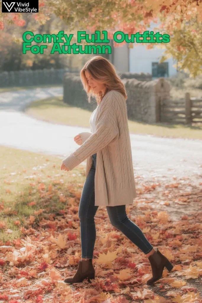 Woman wearing ankle boots with jeans and cardigan as part of comfy fall outfits for autumn style.