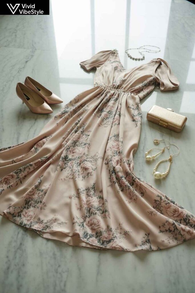 Floral evening dress styled with heels, metallic clutch, and pearl jewelry for formal events