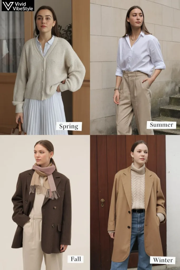 Seasonal Light Academia outfits for spring, summer, fall, and winter.