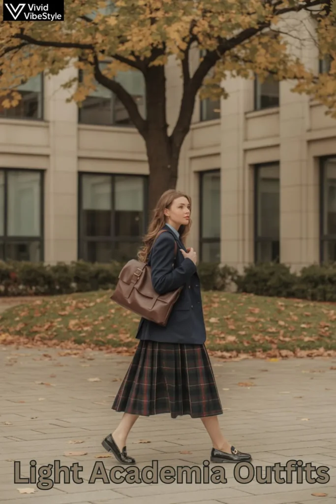 Student in blazer, plaid skirt, and loafers showcasing Light Academia outfits for school or work.