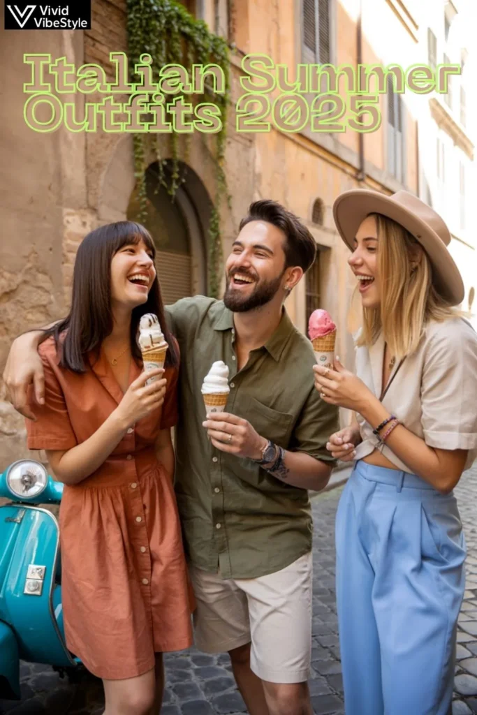Group of women in terracotta, olive green, and Mediterranean blue summer outfits enjoying gelato in Rome’s historic streets