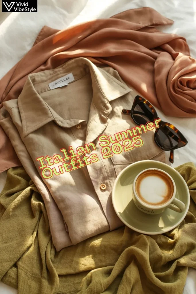 Flat lay of linen, cotton, and silk fabrics in earthy tones styled with sunglasses, reflecting Italian summer fashion fabrics