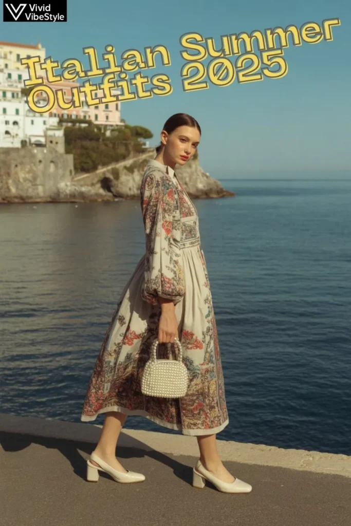 Model wearing a printed midi dress with artisanal embroidery and pearl-embellished handbag, showcasing Italian summer outfit trends 2025.