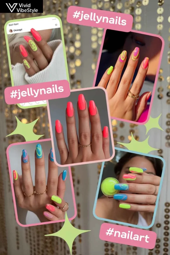 Collage of celebrity and influencer jelly nails trending on social media