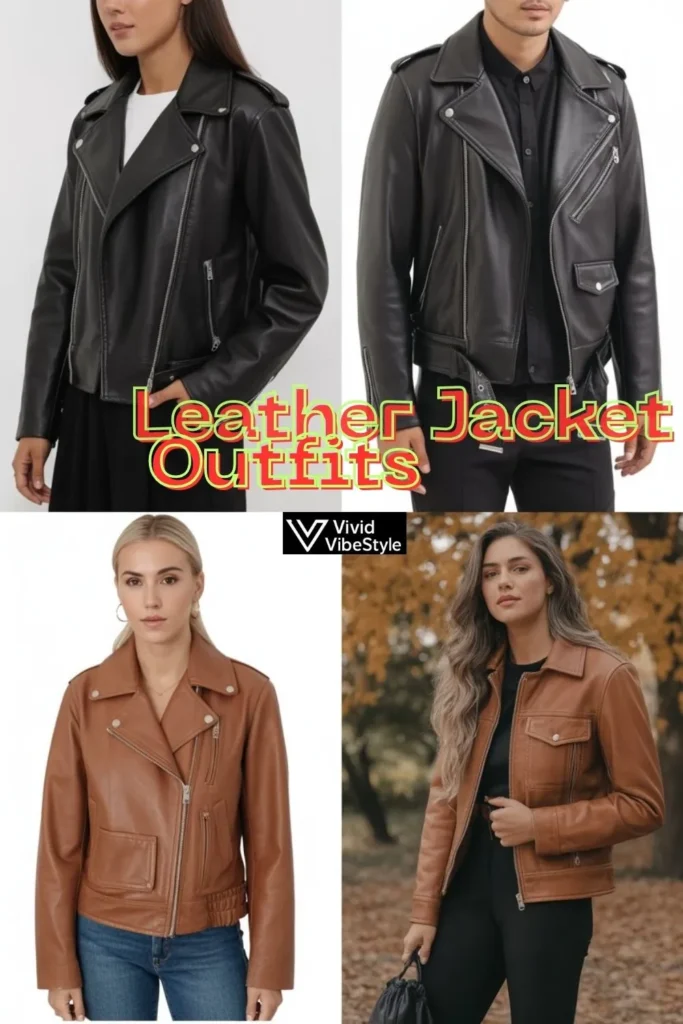 Collage of black leather jacket styled in monochrome outfit and brown leather jacket paired with autumn-inspired colors