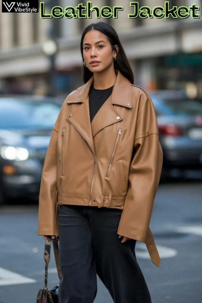 Fashion influencers wearing oversized and cinched-waist leather jackets, showcasing the top leather jacket outfit trends of 2025