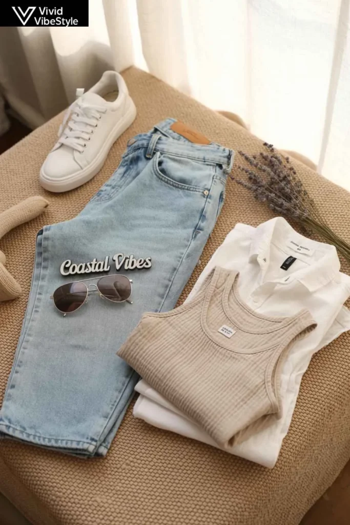 Lightweight summer jeans with cotton and linen tops and white sneakers
