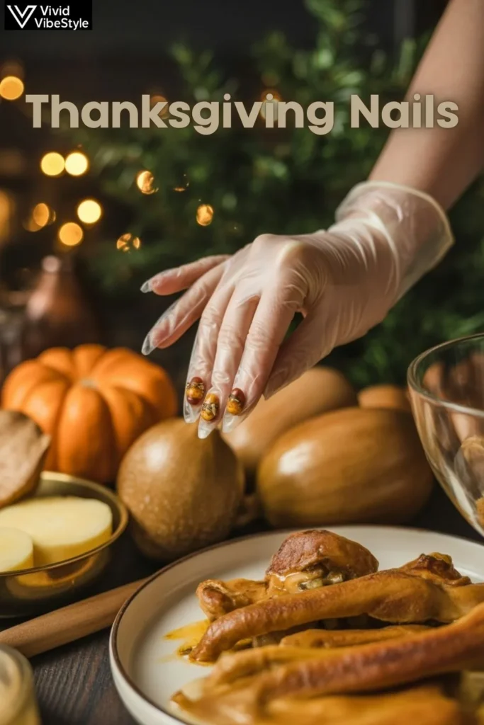 Thanksgiving nails with fall leaf designs protected by gloves while preparing Thanksgiving dinner in the kitchen