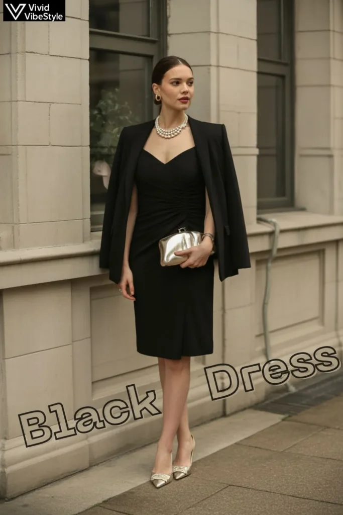 Formal styling of a black dress with pearl necklace, structured blazer, metallic clutch, and heels for an elegant evening look