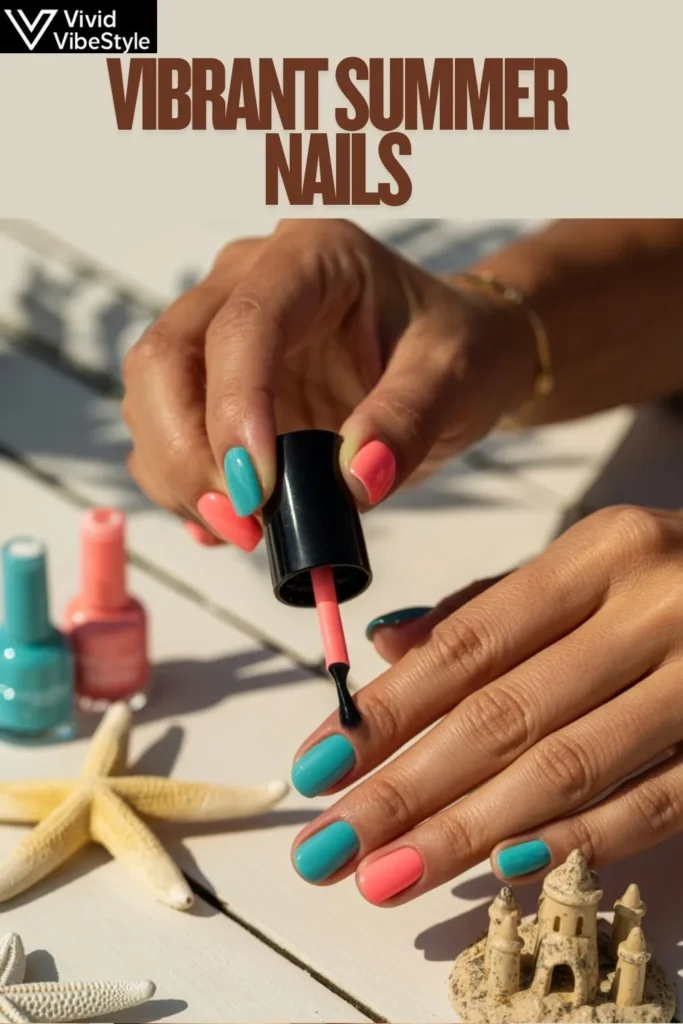 Hands applying clear top coat over vibrant summer nails to extend polish longevity