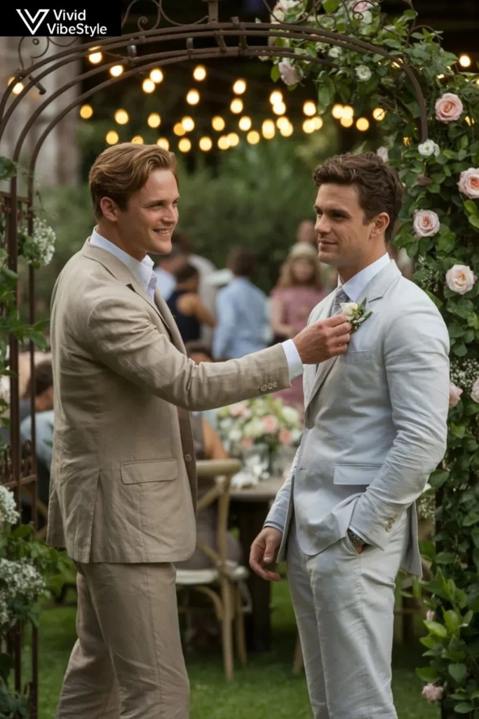 Men in light linen suits styled as summer wedding guest outfits at an outdoor wedding