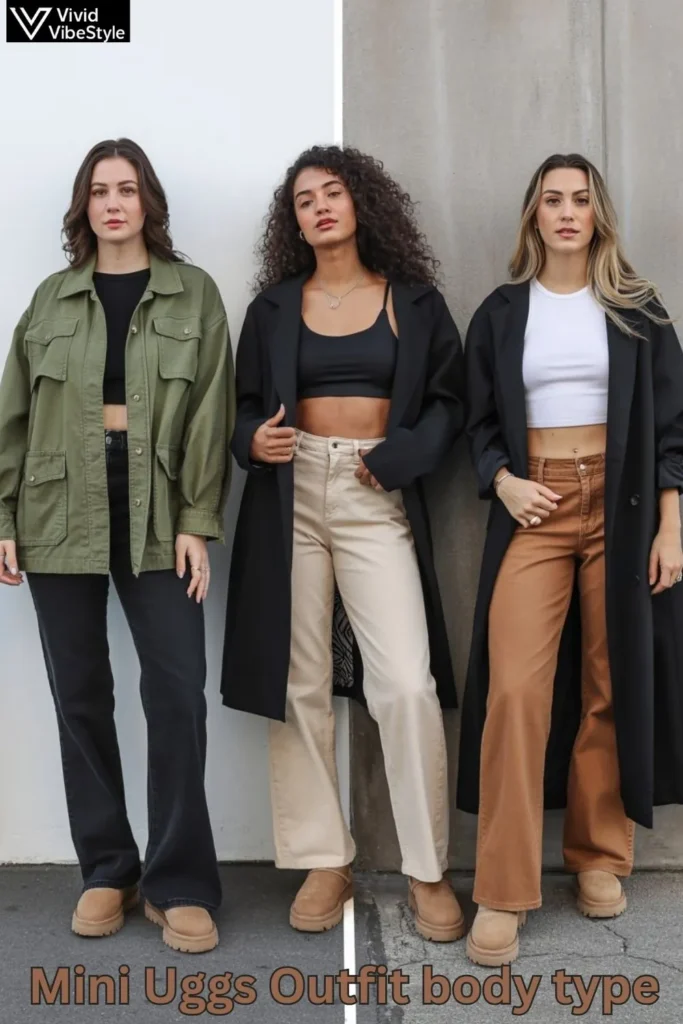 Mini Uggs outfit ideas for different body types showing flattering styles for petite, curvy, and tall figures.