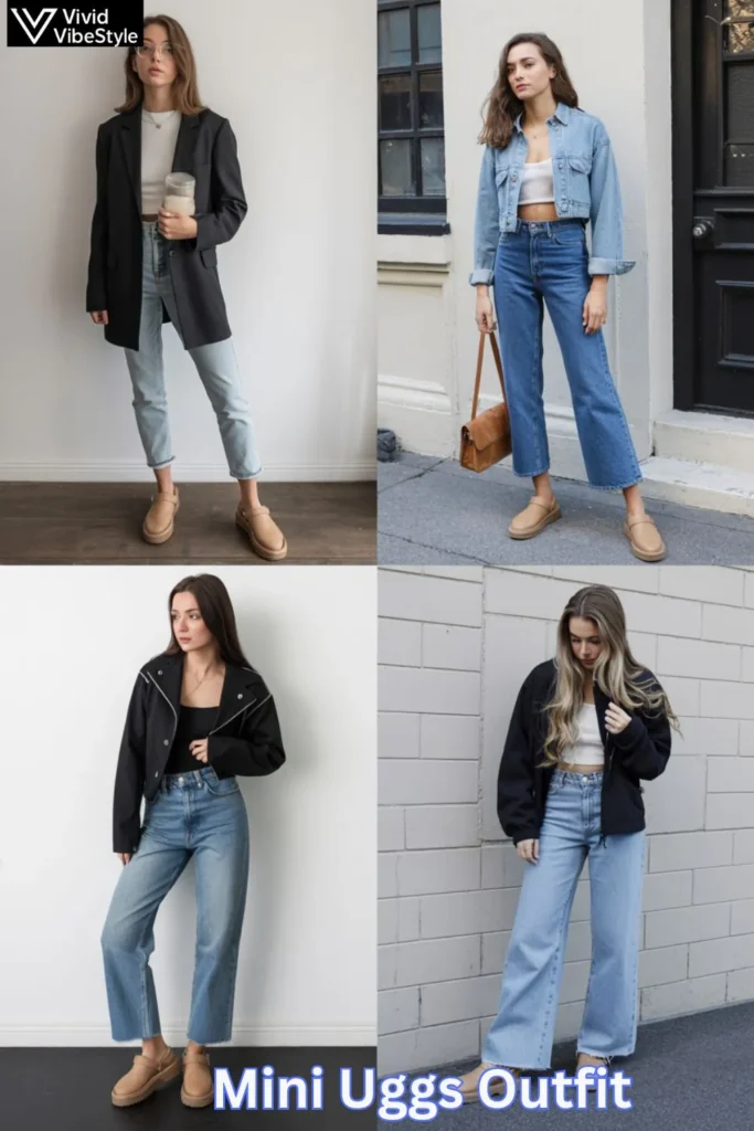 Mini Uggs outfit ideas paired with different denim styles including skinny, cropped, and wide-leg jeans.